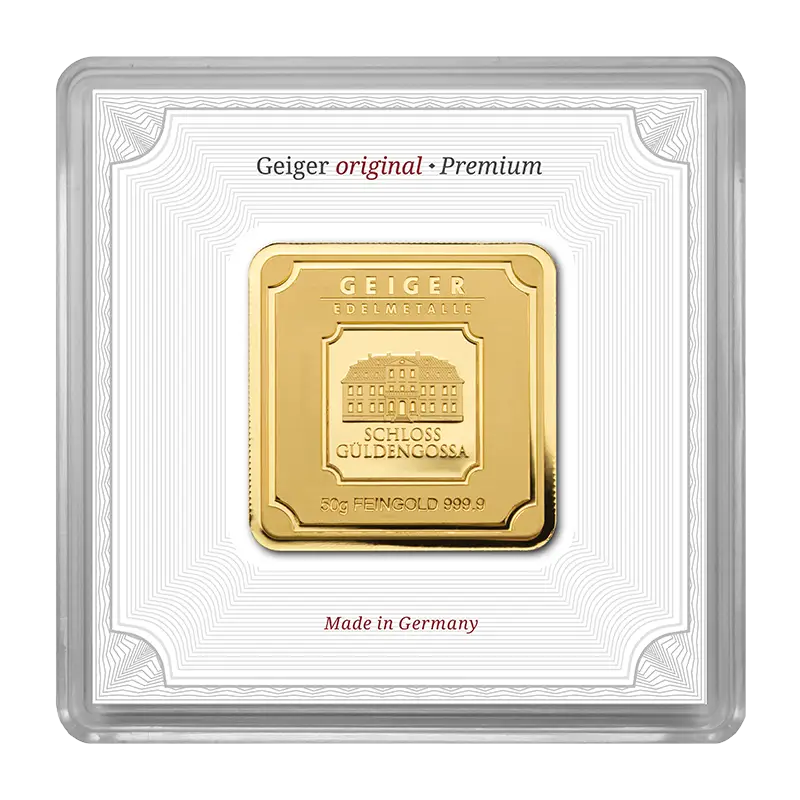 Goldbarren Geiger original - 50 g .9999 quadratisch in Kapsel