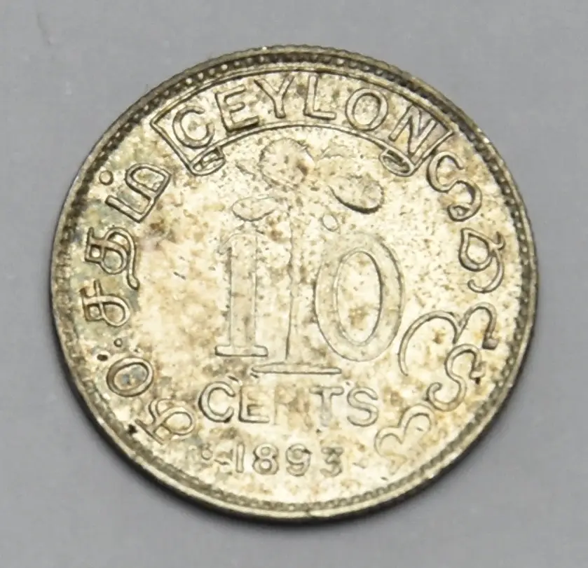 Ceylon 10 Cents 1893 Silver Coin Queen Victoria