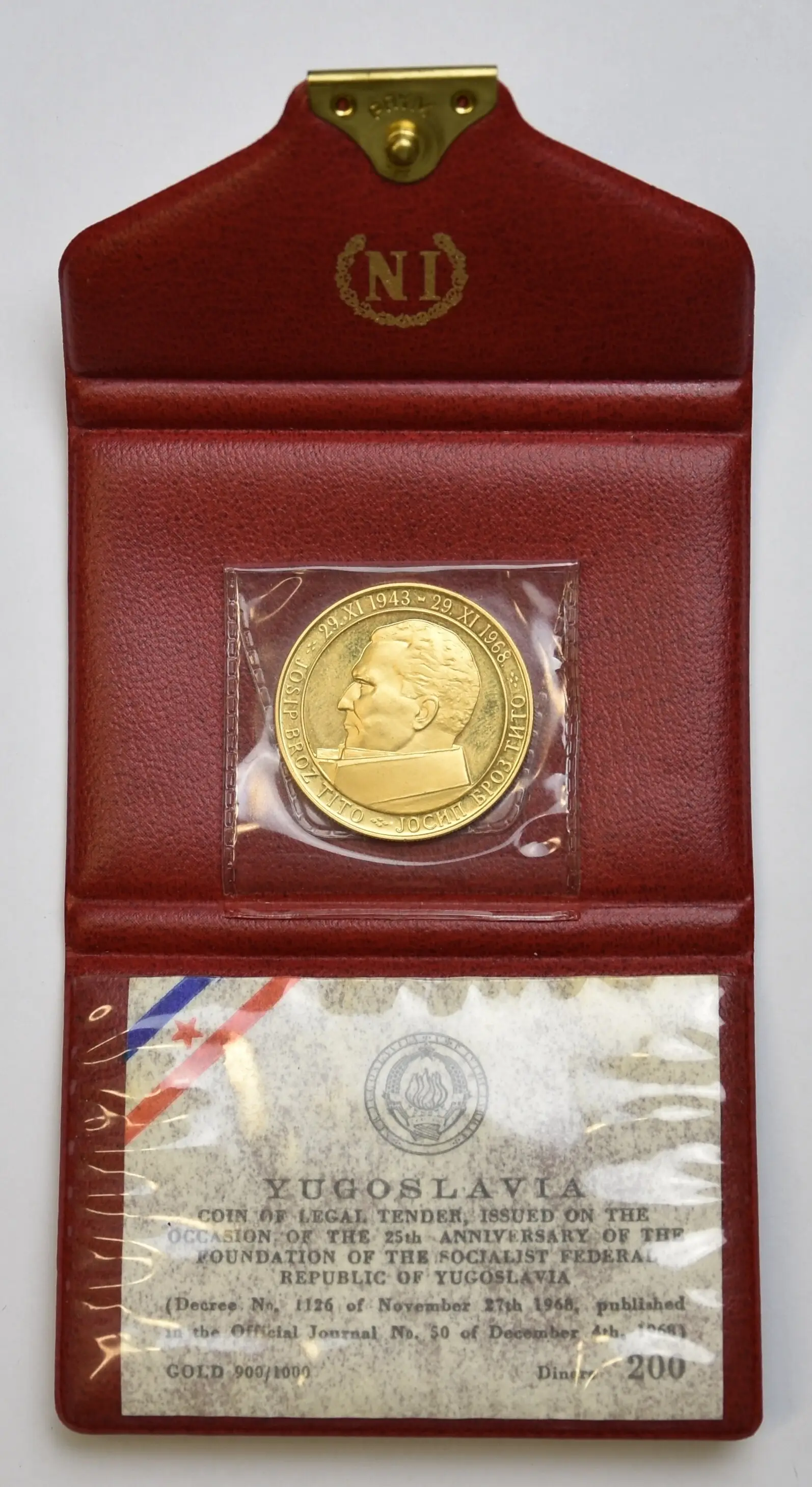 Jugoslawien Set mit 3 Goldmünzen 500 Dinar, 200 Dinar und 100 Dinar 1968 - 25 Jahre Republik