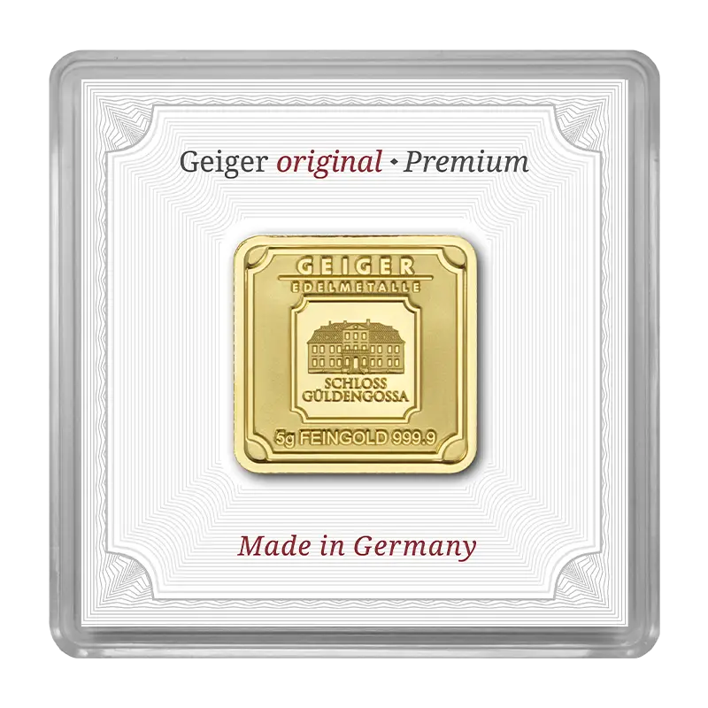 Goldbarren Geiger original - 5 g .9999 quadratisch in Kapsel