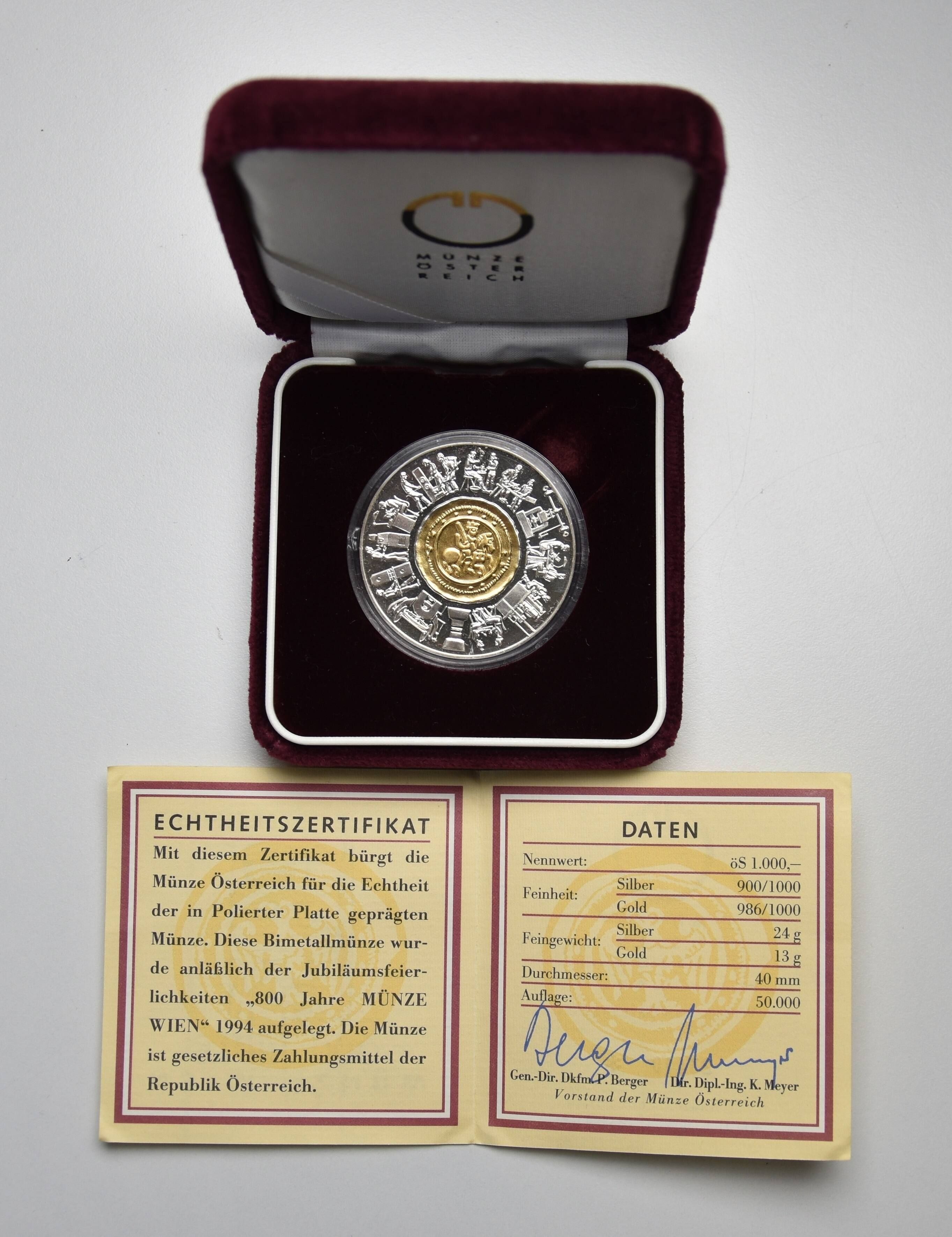 Österreich 1000 Schilling 1994 "800 Jahre Münze Wien"